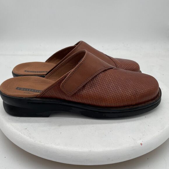 CLARKS Brown Leather Textured Vamp Patty Tanya Mule Clog Size 9 W - Picture 2 of 14